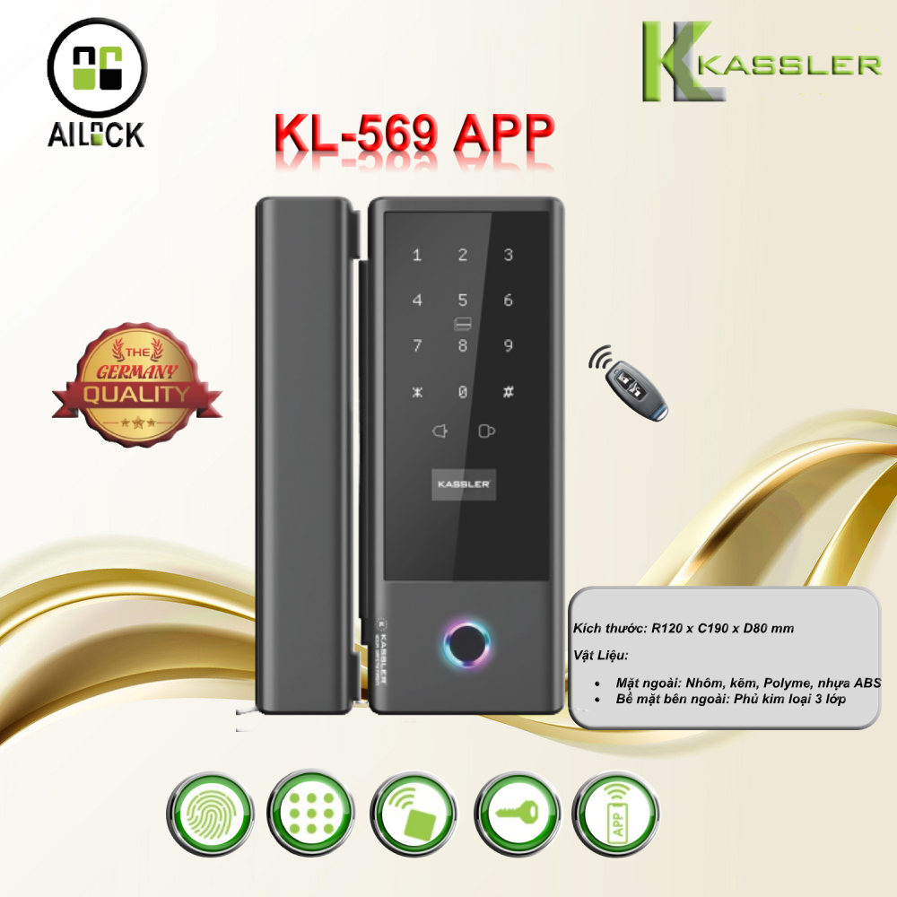 Khóa điện tử Kassler KL-569 APP REMOTE/ Khóa Cửa Kính