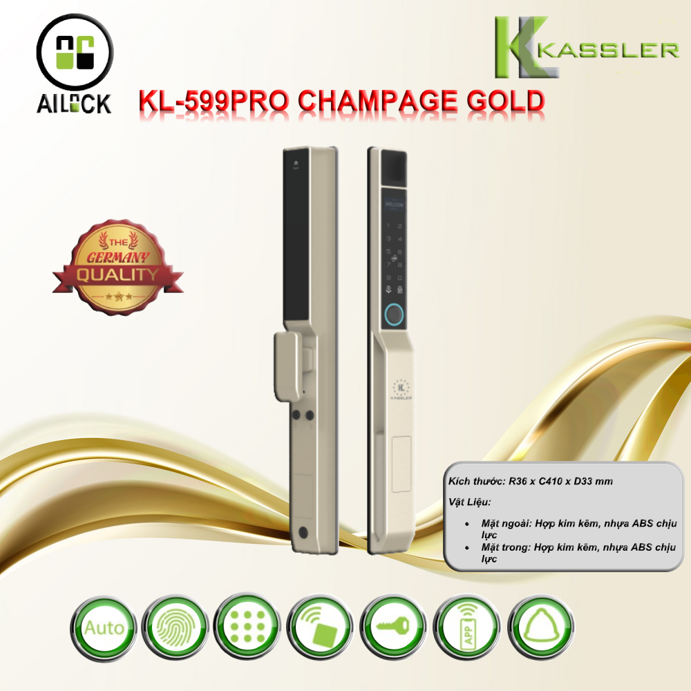 Khóa Vân Tay Cửa Nhôm Kassler KL-599 PRO CHAMPAGE GOLD APP