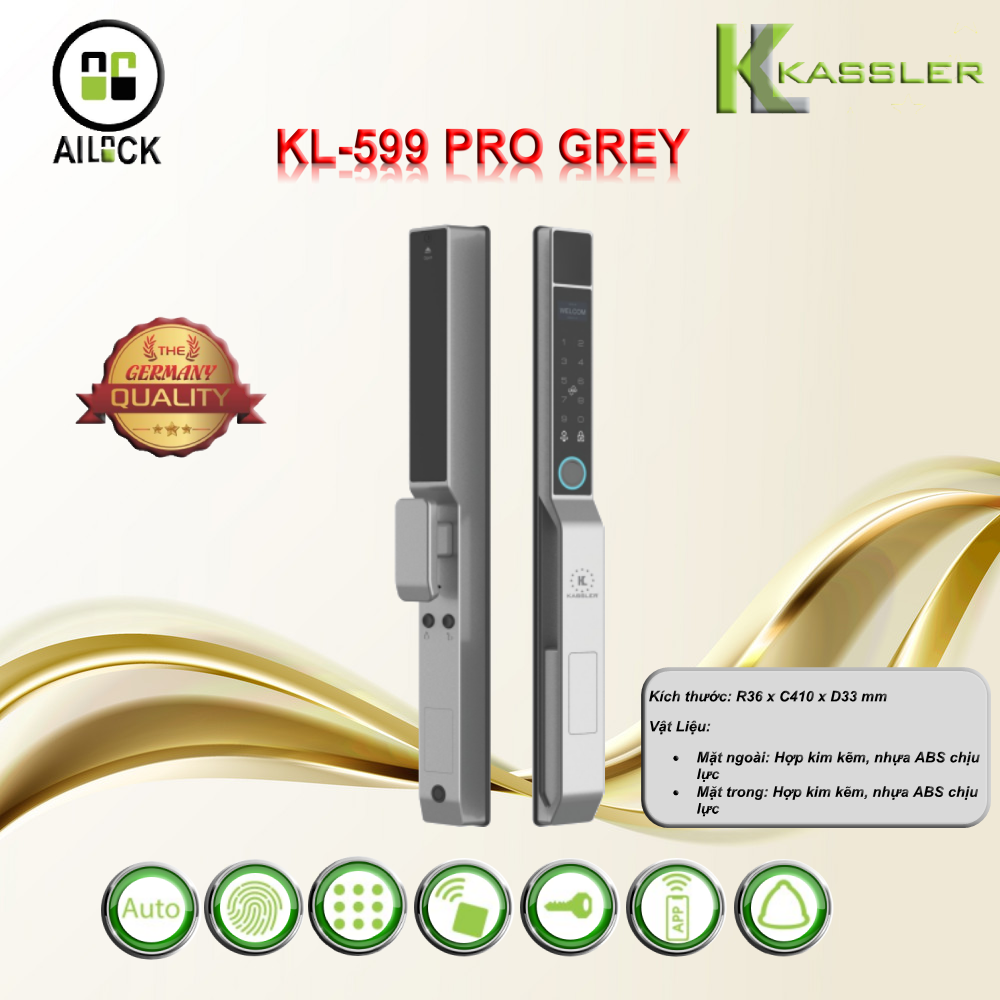 Khóa Vân Tay Cửa Nhôm Kassler KL-599 PRO GREY APP