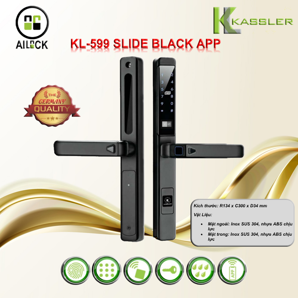 Khóa Vân Tay Cửa Nhôm Kassler KL-599 SLIDE BLACK APP