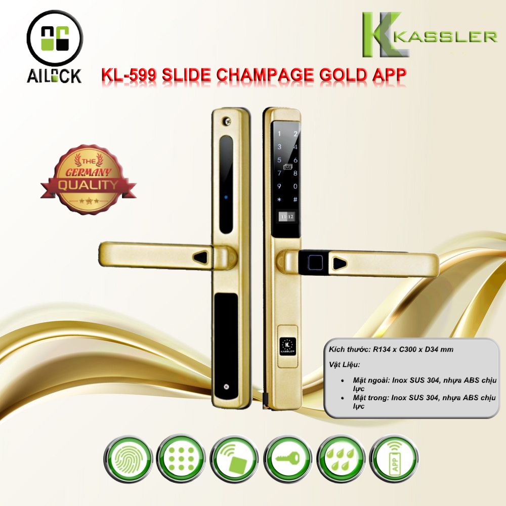 Khóa Vân Tay Cửa Nhôm Kassler KL-599 SLIDE CHAMPAGNE GOLD APP