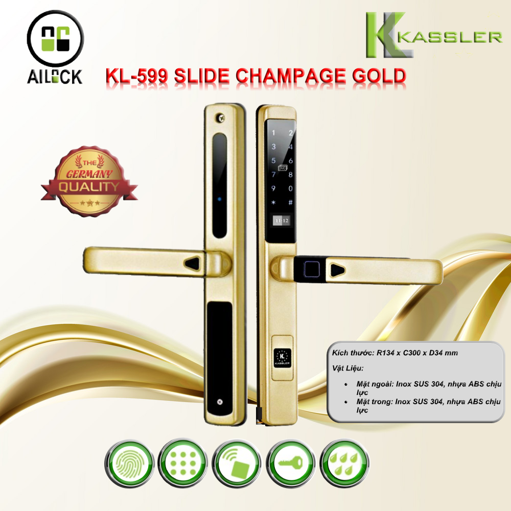 Khóa Vân Tay Cửa Nhôm Kassler KL-599 SLIDE CHAMPAGNE GOLD