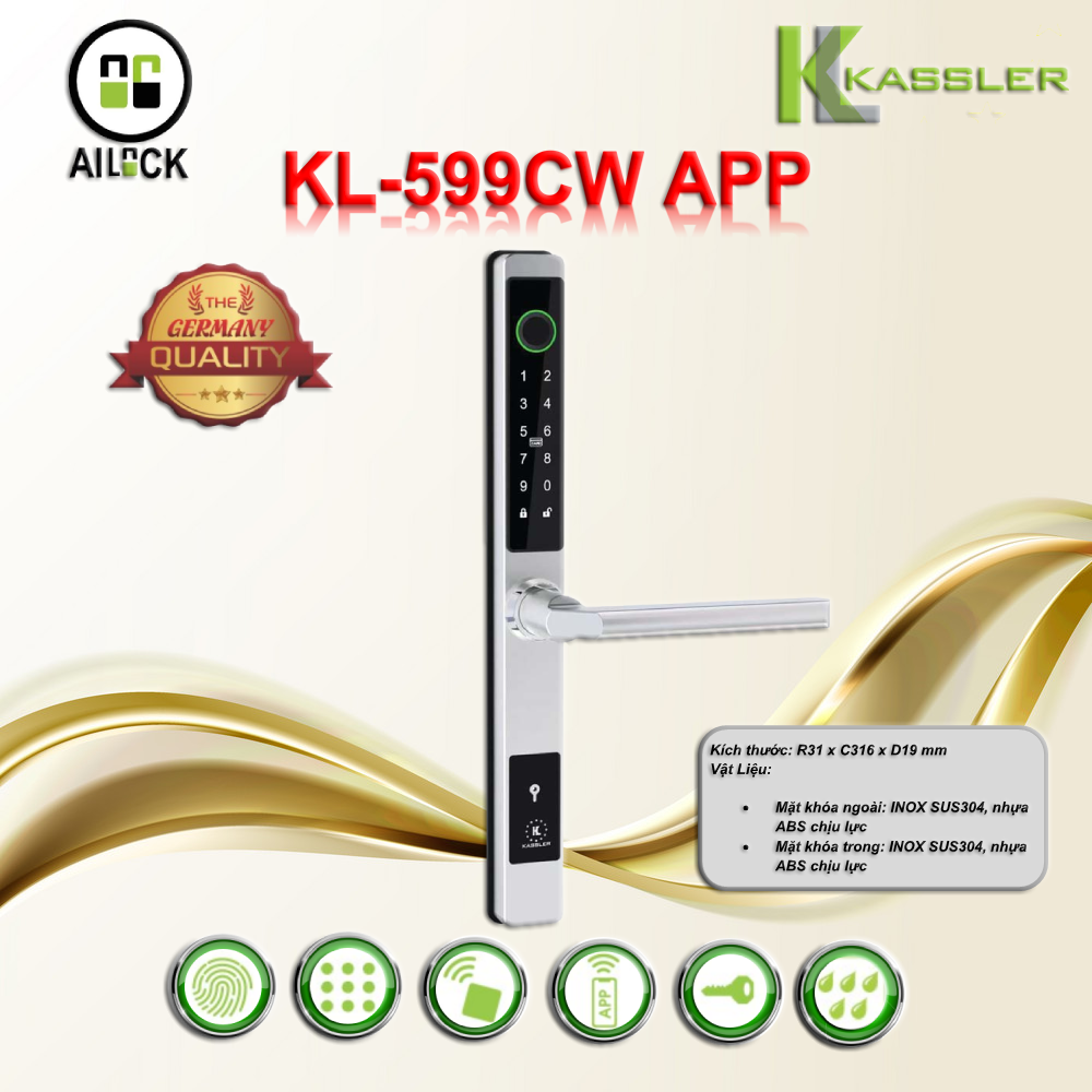 Khóa Vân Tay Cửa Nhôm, Cửa Sắt Kassler KL-599CW