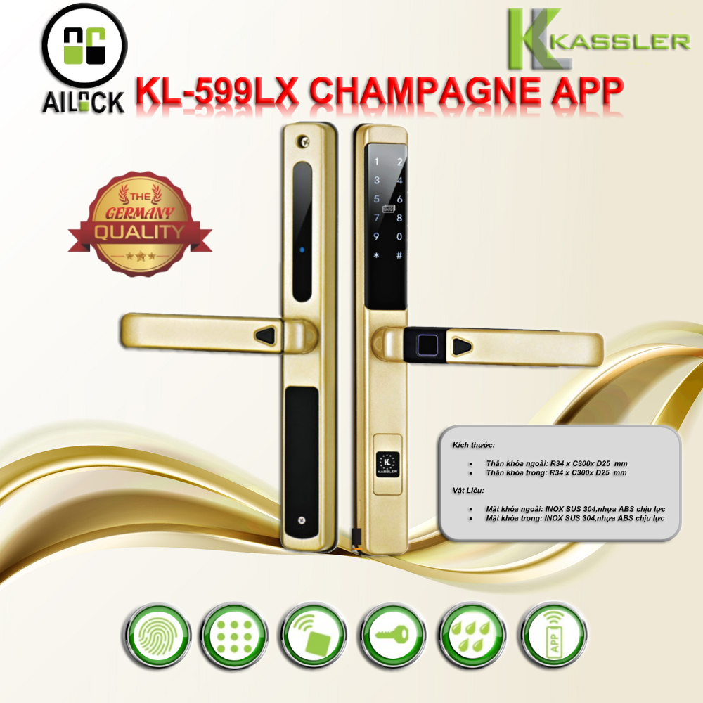 Khóa Vân Tay Cửa Nhôm Kassler KL-599LX CHAMPAGNE - APP