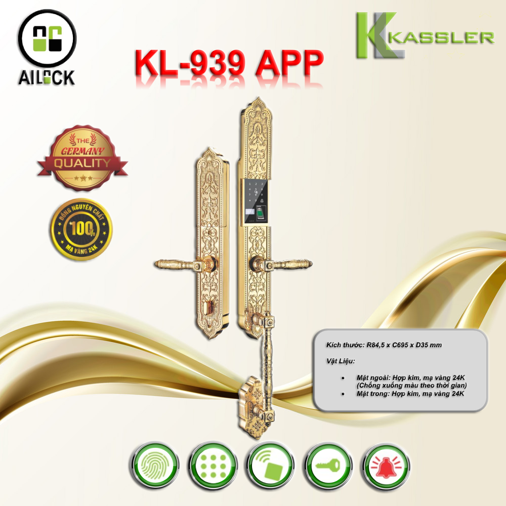 Khóa Vân Tay Cửa Gỗ Đại Sảnh Kassler KL-939 APP