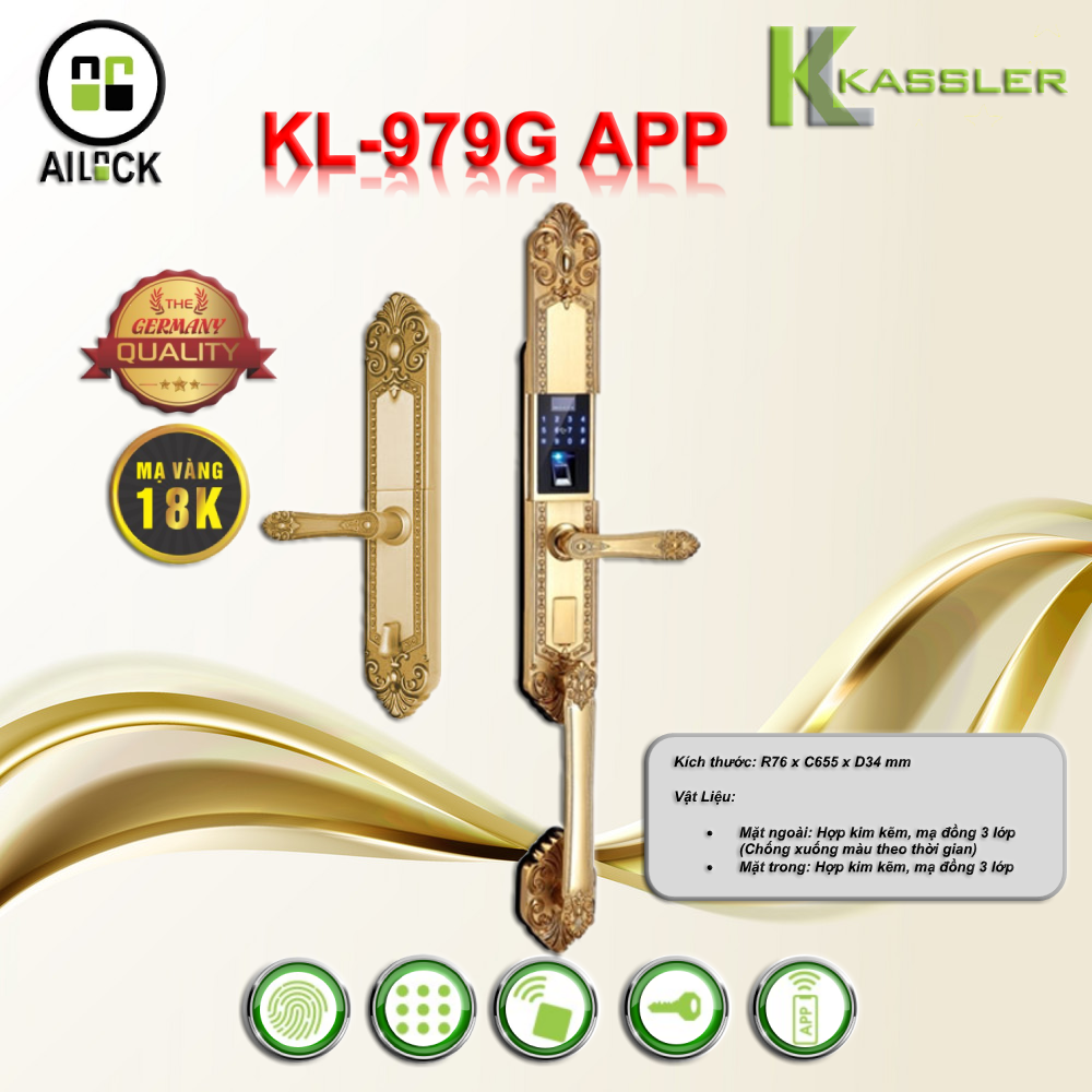 Khóa Vân Tay Cửa Gỗ Đại Sảnh Kassler KL-979G APP