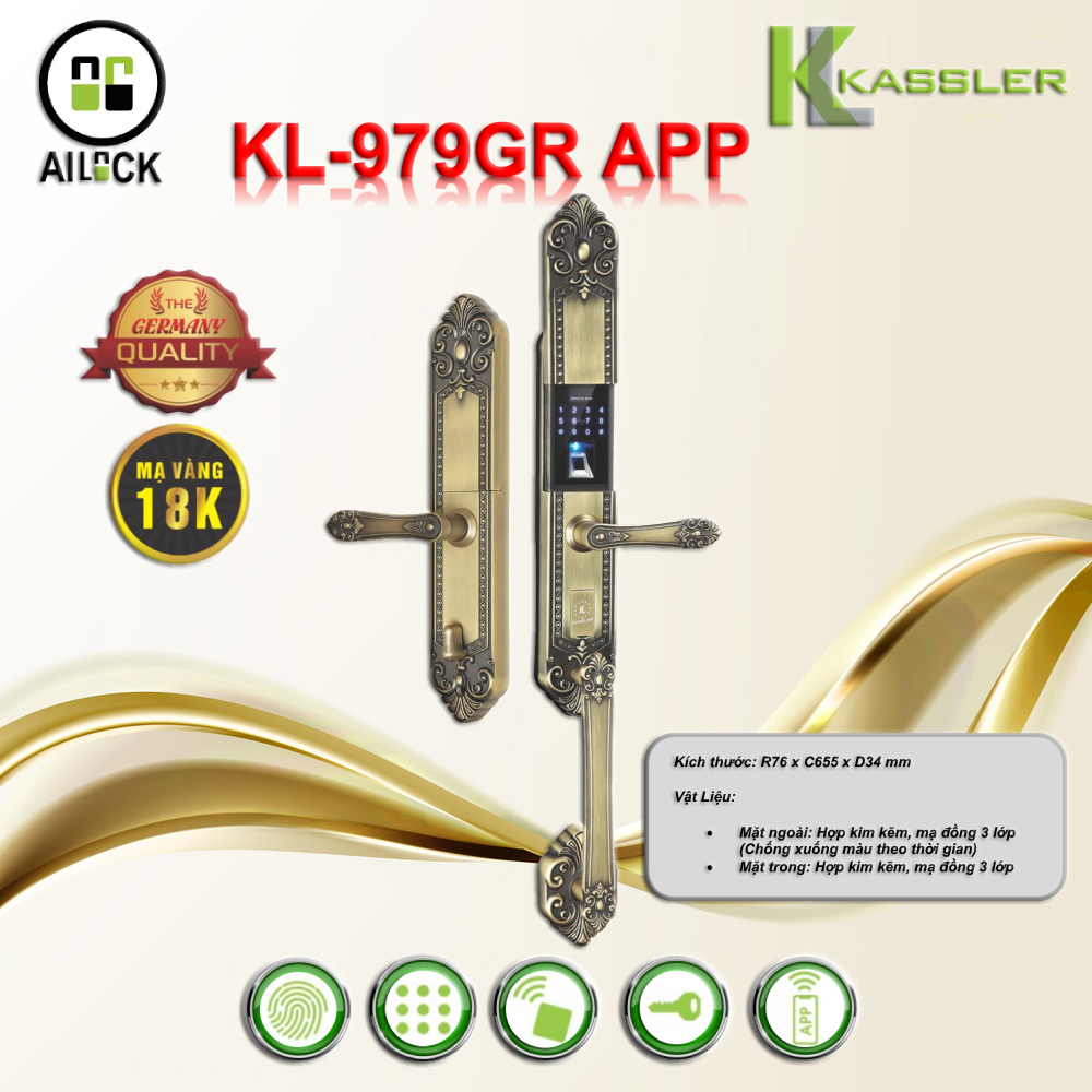 Khóa Vân Tay Cửa Gỗ Đại Sảnh Kassler KL-979GR APP