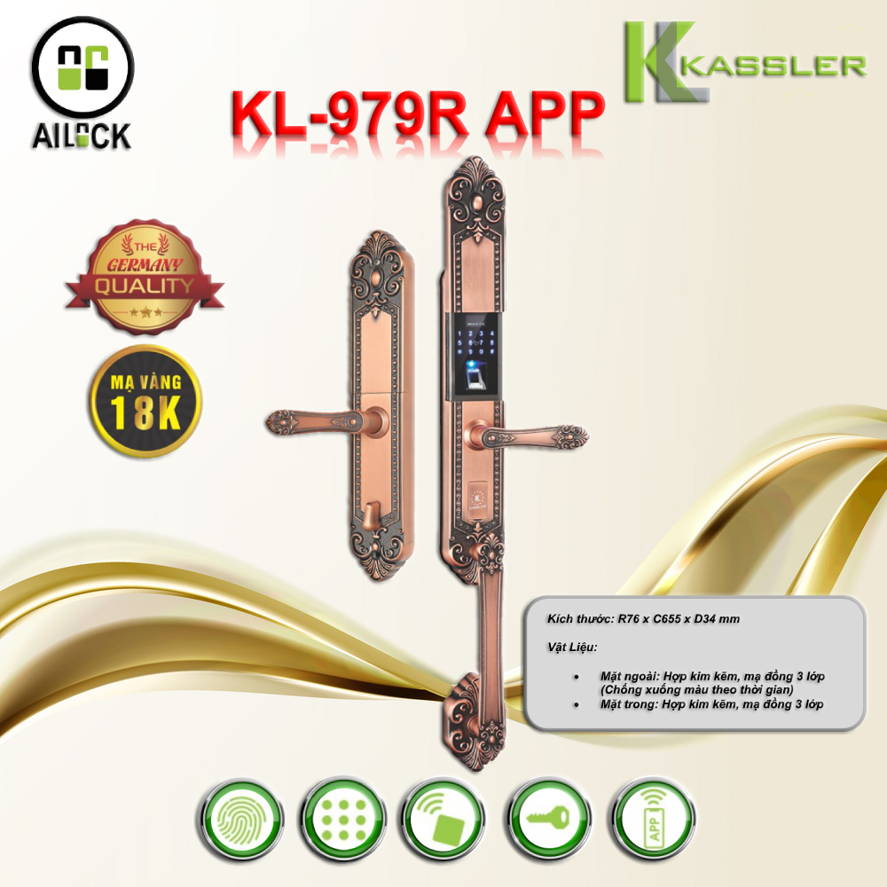 Khóa Vân Tay Cửa Gỗ Đại Sảnh Kassler KL-979R APP