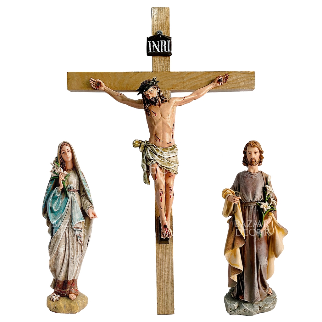 Bộ tượng bàn thờ | Chúa Jesus, Đức Mẹ Hoa Huệ & Thánh Giuse Hoa Huệ 30cm