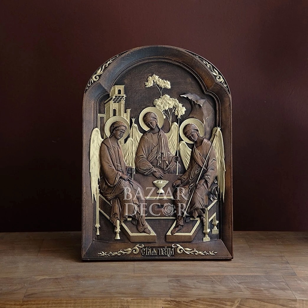 Phù điêu khắc gỗ biểu tượng Chúa Ba Ngôi sơn mài thủ công 24x35cm