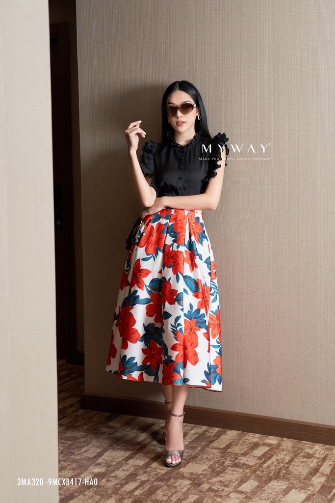 Chân váy xếp ly ghi đậm phối peplum