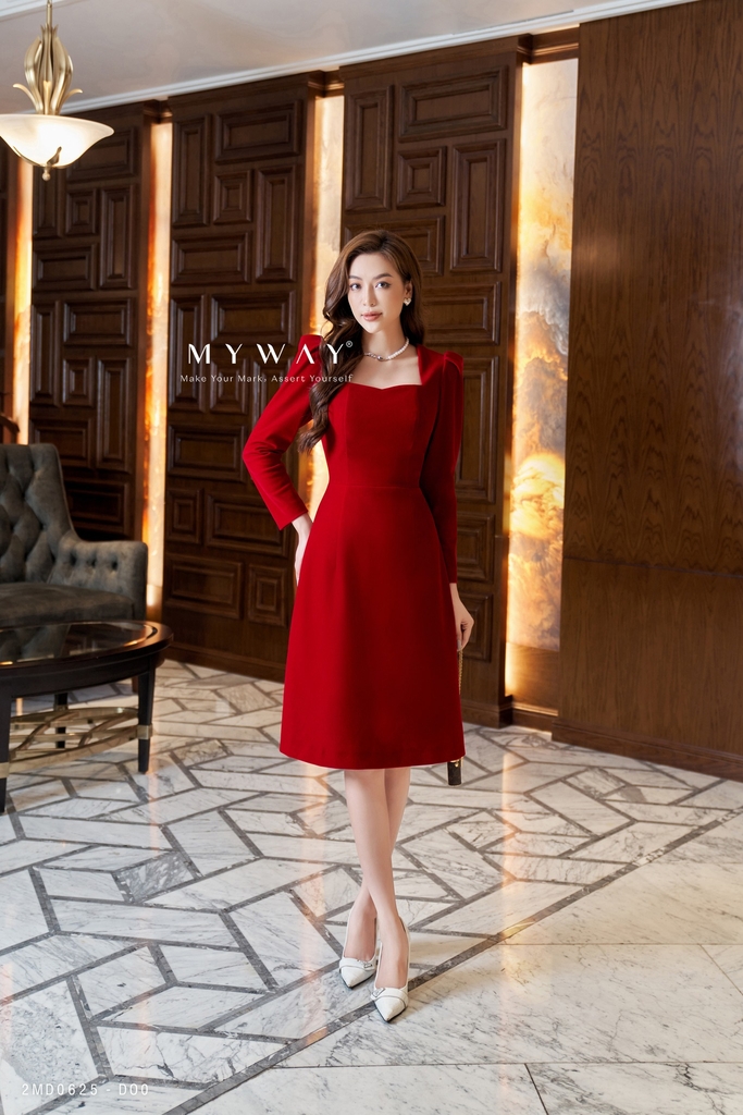 VN560  VÁY NHUNG ĐỎ CỔ VIỀN REN VUÔNG NƠ TRẮNG NHỎ