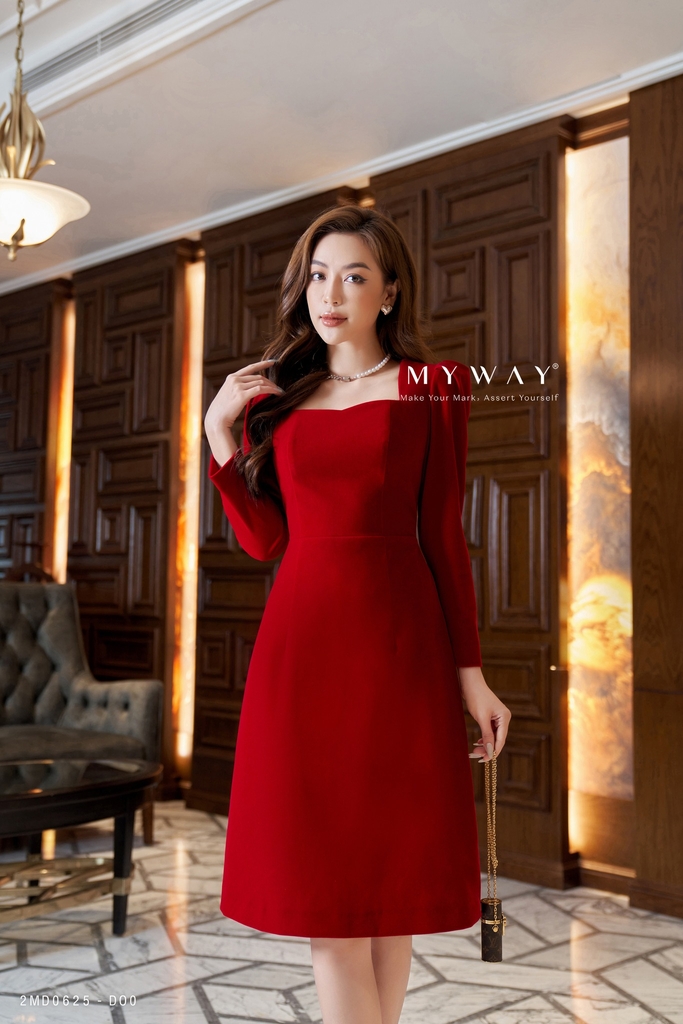 Đầm xòe nhung chữ A cổ vuông tay bồng Red Velvet | My Way Fashion ...