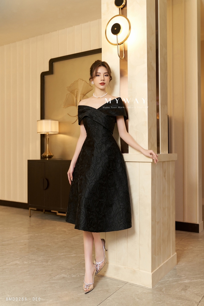 4 màu) Đầm xòe gấm trễ vai đính hoa Black Flower | My Way Fashion || Thời  trang thiết kế cao cấp
