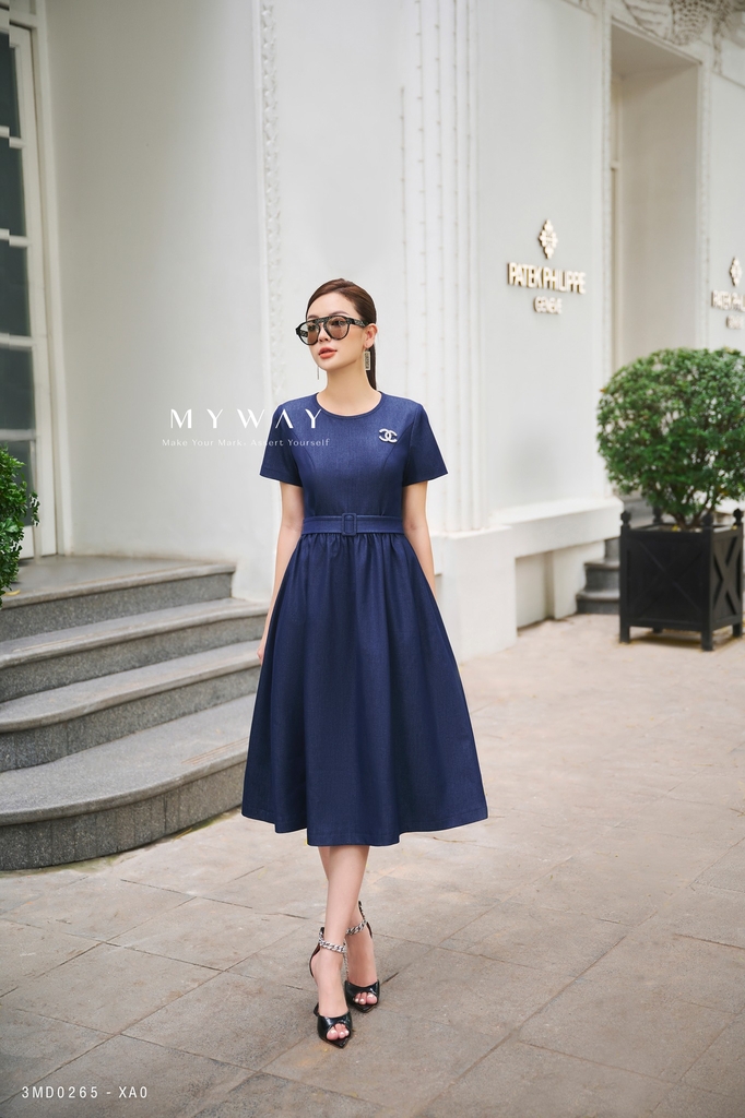 Đầm xòe cổ tròn xếp ly Denim
