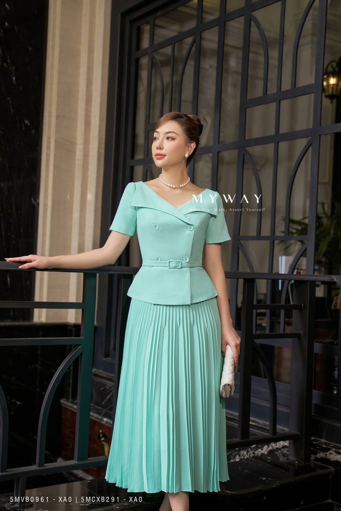 Chân váy xòe dập ly xanh bạc hà