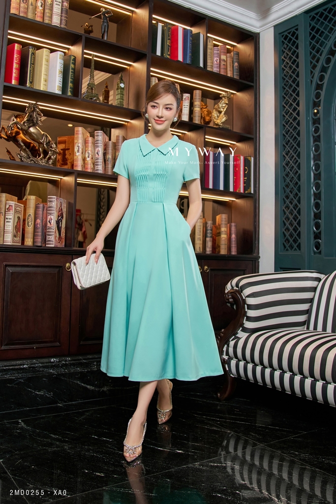 Đầm xòe ngắn tay họa tiết xếp ly Tiffany Blue