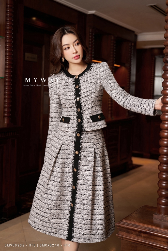 Chaan vays tweed xếp ly đai kiểu - CHIBEST