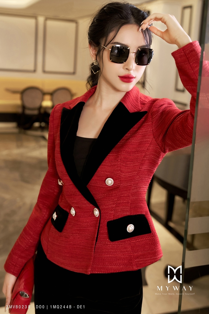 Outlet Áo vest cổ 2 ve phối nhung đính cúc ngọc My Way Fashion