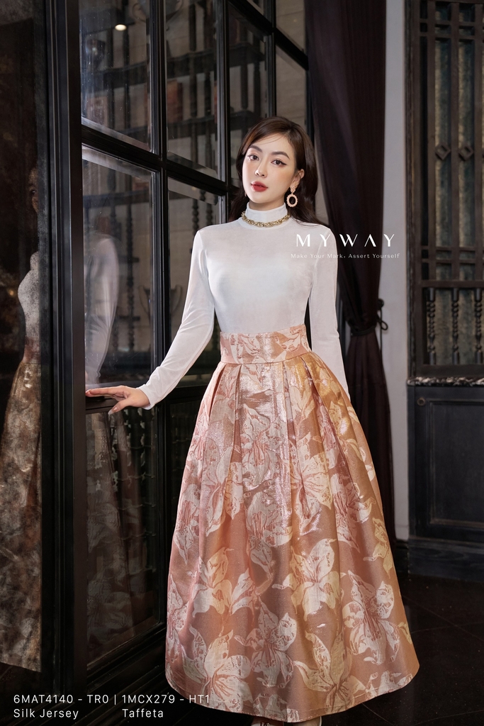 Chân váy xoè dáng dài nữ cao cấp công sở Cúc Fashion CV729 đầm lụa cạp chun  - MixASale