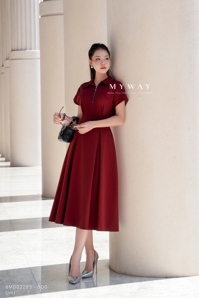 Đầm sơ mi cổ Đức xòe xếp ly