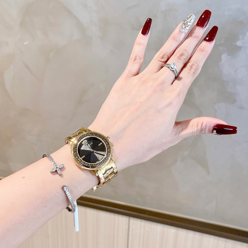 Đồng Hồ Nữ Versace Tribute Dây Thép Vàng Mặt Đen Size 35mm Quartz