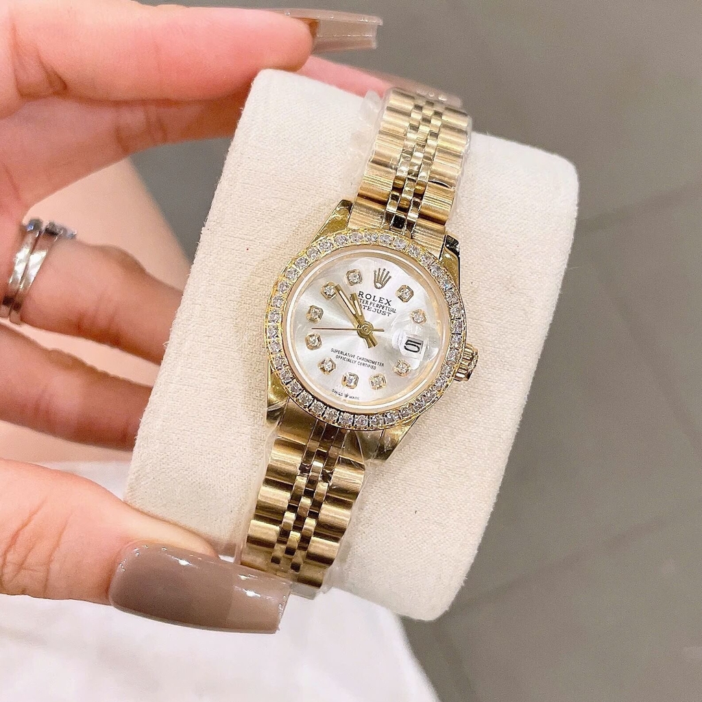 Đồng Hồ Rolex Datejust Nữ Size 28mm Dây Thép Vàng Mặt Trắng Niềng Đính Đá