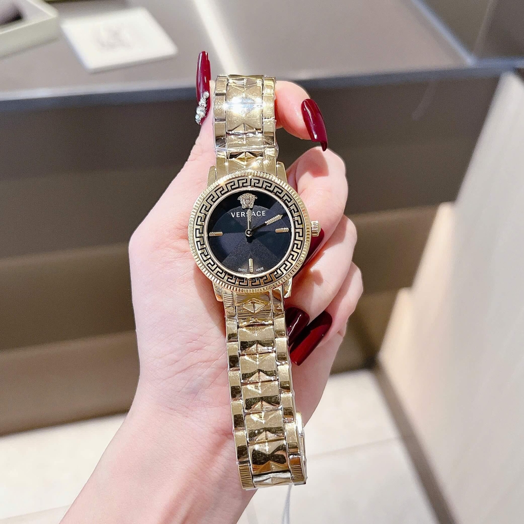 Đồng Hồ Nữ Versace Tribute Dây Thép Vàng Mặt Đen Size 35mm Quartz