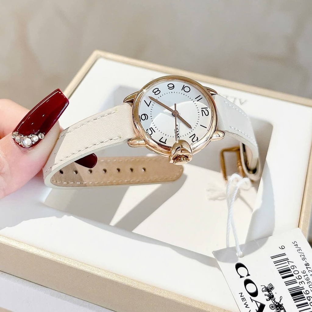 Đồng Hồ Nữ Coach Arden Size 28mm Dây Da Trắng Kem Mặt Trắng Vỏ Rose Quartz