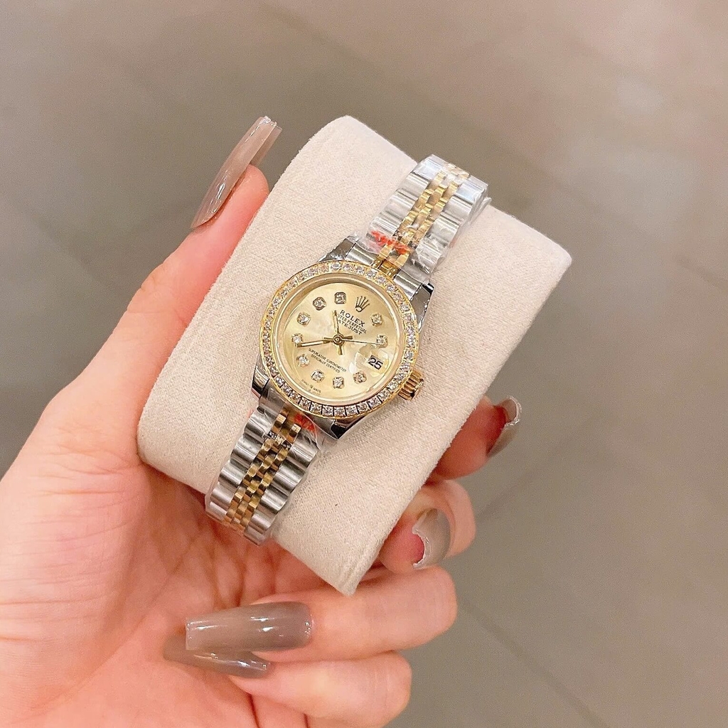 Đồng Hồ Rolex Datejust Nữ Size 28mm Dây Thép Demi Vàng Mặt Vàng Máy Pin Niềng Đá