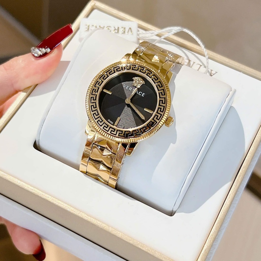 Đồng Hồ Nữ Versace Tribute Dây Thép Vàng Mặt Đen Size 35mm Quartz