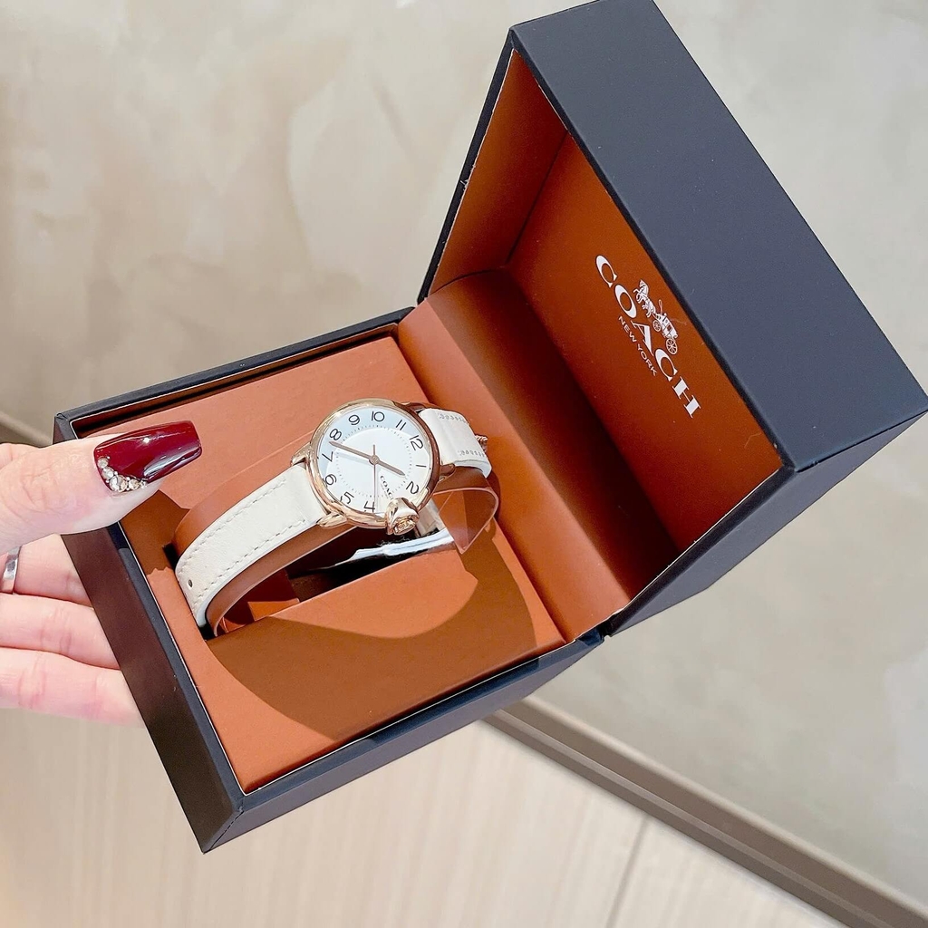 Đồng Hồ Nữ Coach Arden Size 28mm Dây Da Trắng Kem Mặt Trắng Vỏ Rose Quartz