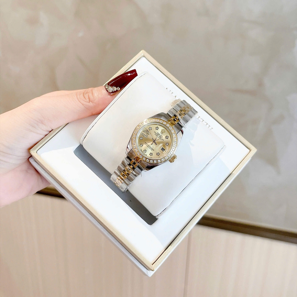 Đồng Hồ Rolex Datejust Nữ Size 28mm Dây Thép Demi Mặt Vàng Máy Pin Niềng Đính Đá