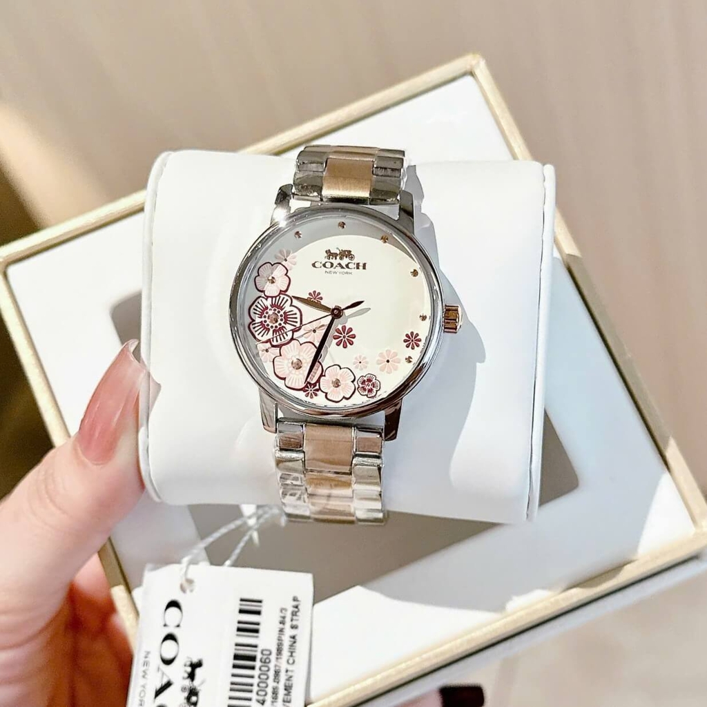 Đồng Hồ Nữ Coach Grand Mặt Hoa Trà Size 36mm Dây Demi Rose Quartz Japan
