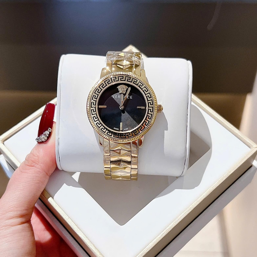 Đồng Hồ Nữ Versace Tribute Dây Thép Vàng Mặt Đen Size 35mm Quartz