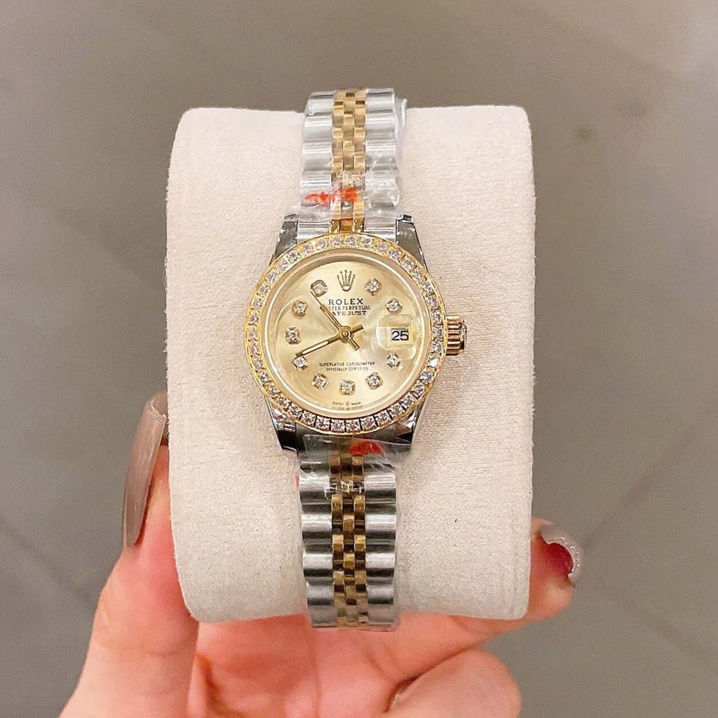 Đồng Hồ Rolex Datejust Nữ Size 28mm Dây Thép Demi Vàng Mặt Vàng Máy Pin Niềng Đá