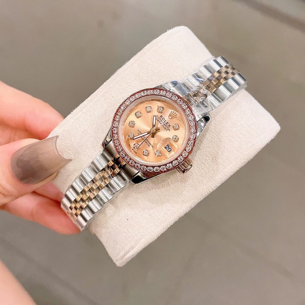 Đồng Hồ Rolex Datejust Nữ Size 28mm Dây Thép Demi Vàng Hồng Máy Pin Niềng Đá