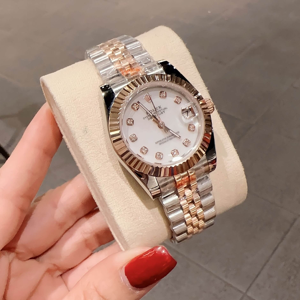 Đồng Hồ Rolex Datejust Nữ Size 31mm Dây Thép Demi Vàng Hồng Mặt Xà Cừ Máy Pin Niềng Khía
