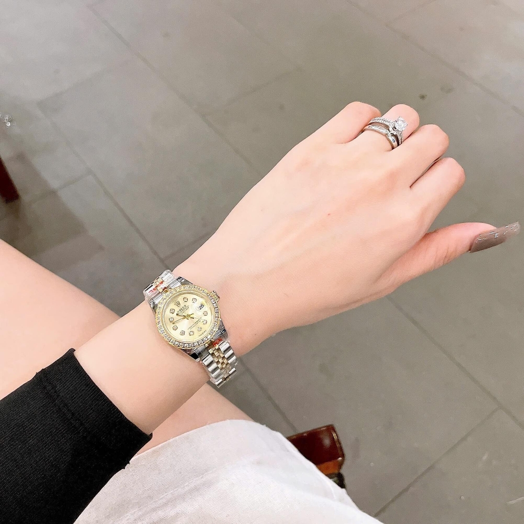 Đồng Hồ Rolex Datejust Nữ Size 28mm Dây Thép Demi Vàng Mặt Vàng Máy Pin Niềng Đá