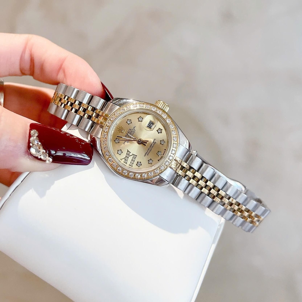 Đồng Hồ Rolex Datejust Nữ Size 28mm Dây Thép Demi Mặt Vàng Máy Pin Niềng Đính Đá