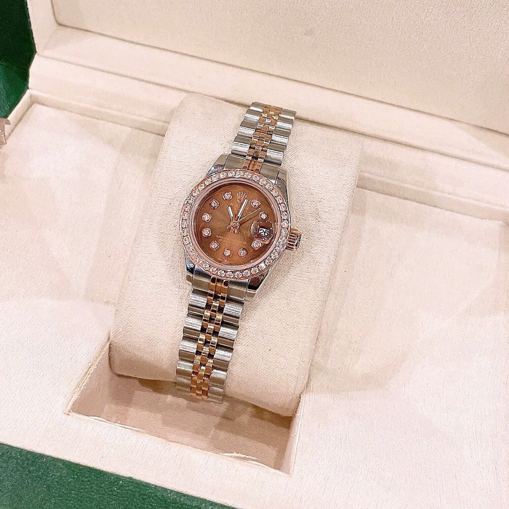 Đồng Hồ Rolex Datejust Nữ Size 28mm Dây Thép Demi Mặt Vàng Hồng Mặt Nâu Máy Pin Niềng Đính Đá