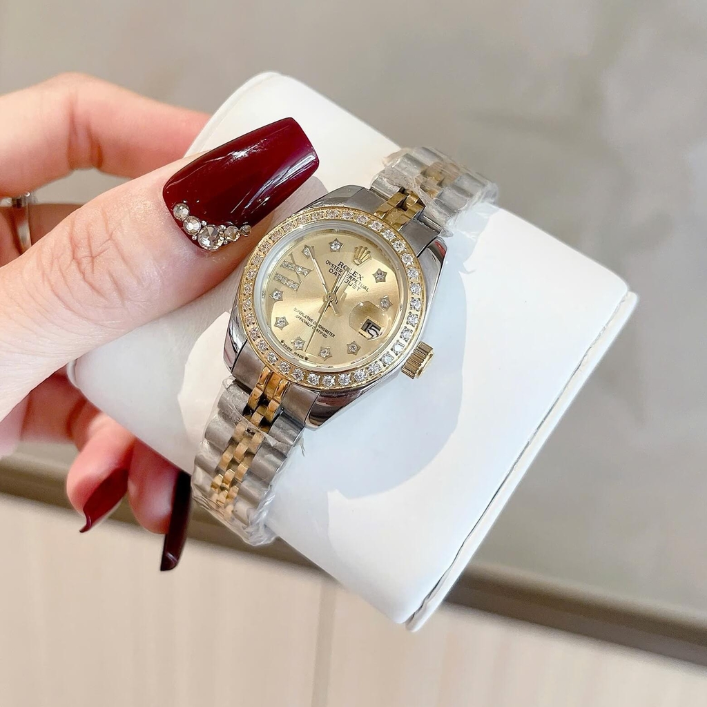 Đồng Hồ Rolex Datejust Nữ Size 28mm Dây Thép Demi Mặt Vàng Máy Pin Niềng Đính Đá