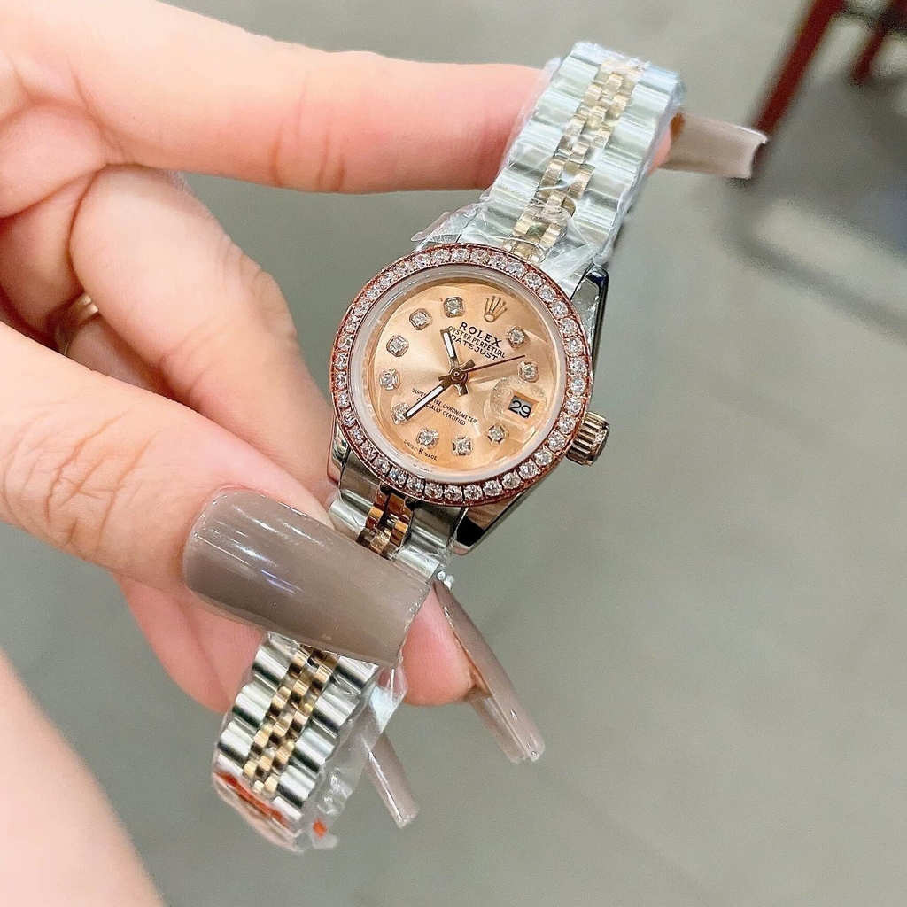 Đồng Hồ Rolex Datejust Nữ Size 28mm Dây Thép Demi Vàng Hồng Máy Pin Niềng Đá