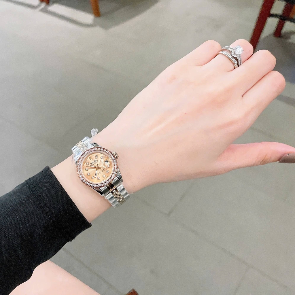 Đồng Hồ Rolex Datejust Nữ Size 28mm Dây Thép Demi Vàng Hồng Máy Pin Niềng Đá