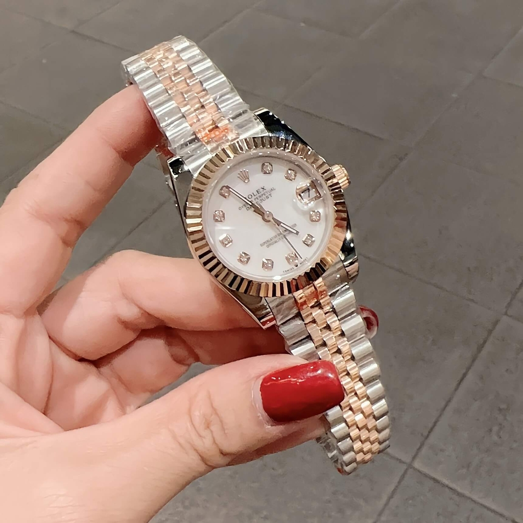 Đồng Hồ Rolex Datejust Nữ Size 31mm Dây Thép Demi Vàng Hồng Mặt Xà Cừ Máy Pin Niềng Khía