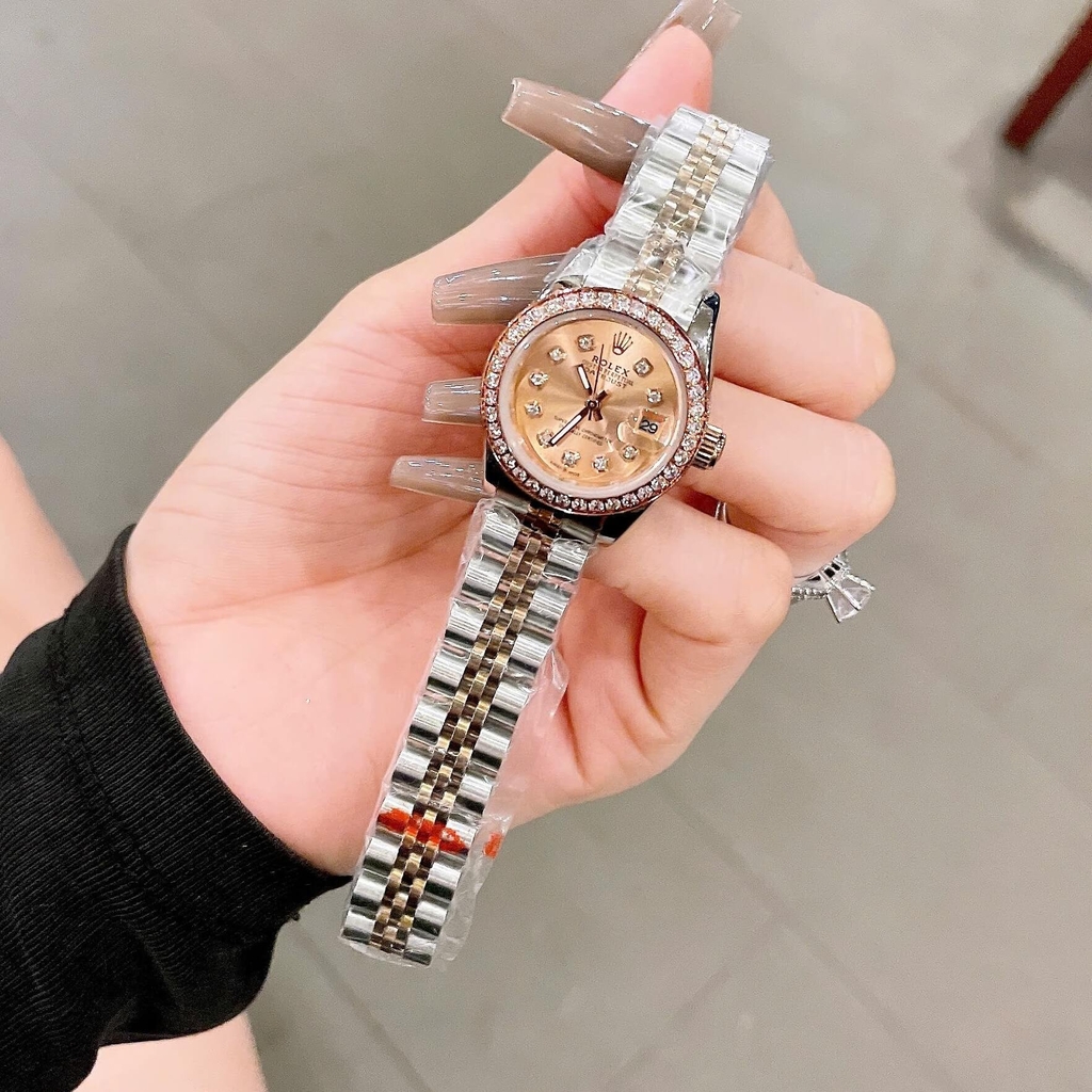 Đồng Hồ Rolex Datejust Nữ Size 28mm Dây Thép Demi Vàng Hồng Máy Pin Niềng Đá