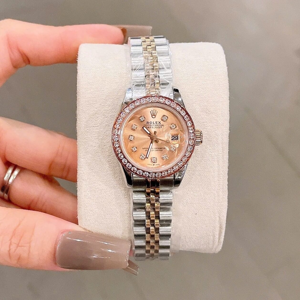 Đồng Hồ Rolex Datejust Nữ Size 28mm Dây Thép Demi Vàng Hồng Máy Pin Niềng Đá