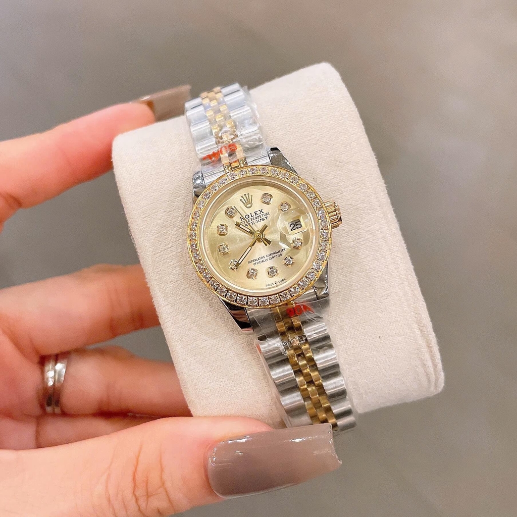 Đồng Hồ Rolex Datejust Nữ Size 28mm Dây Thép Demi Vàng Mặt Vàng Máy Pin Niềng Đá