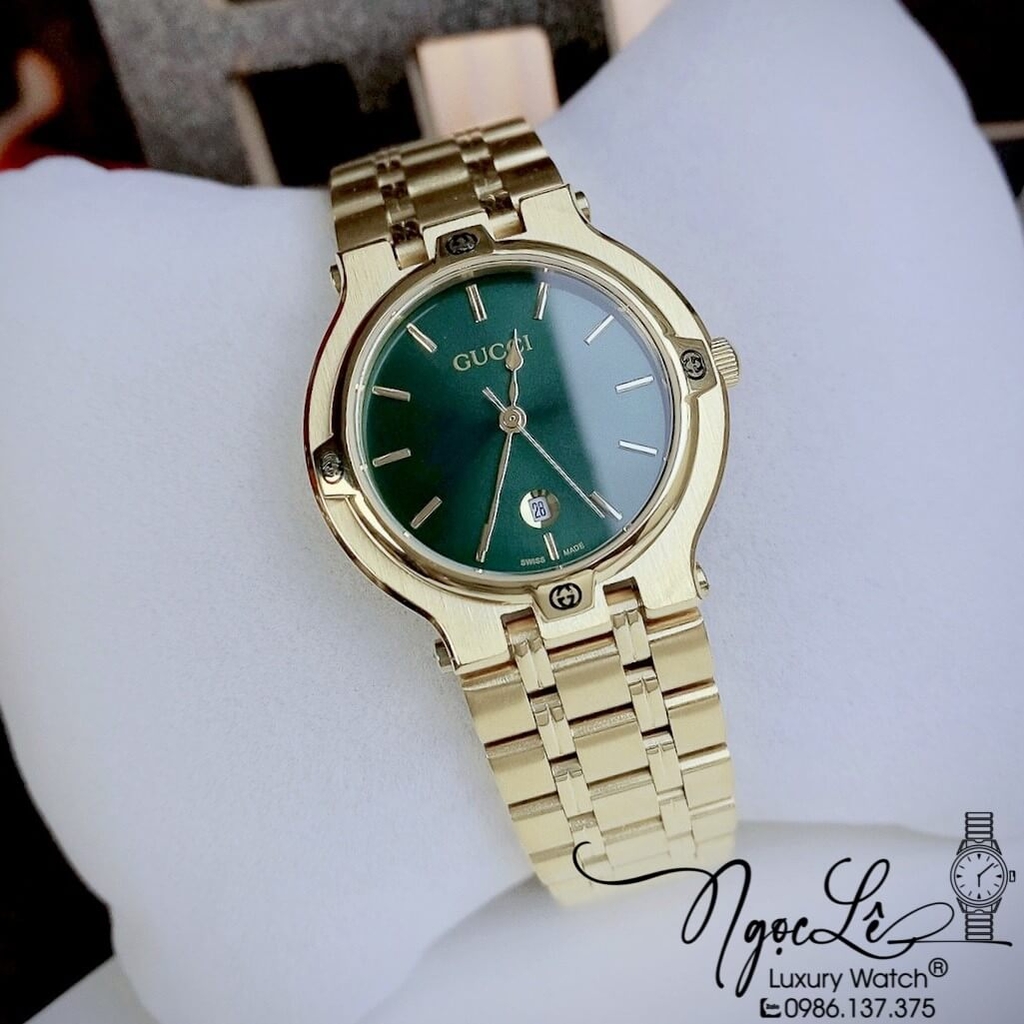 Đồng Hồ Nữ Gucci Vintage Dây Kim Loại Màu Vàng Mặt Xanh Lá Size 32mm