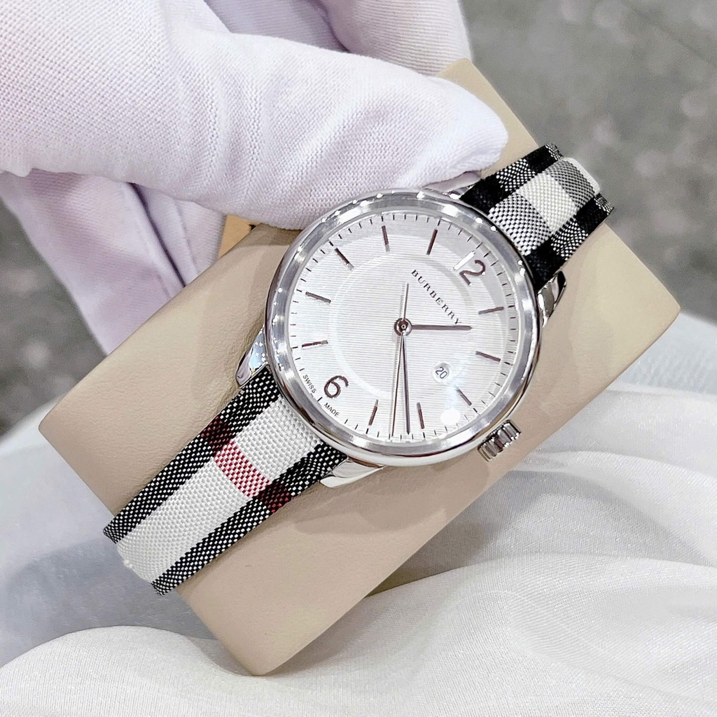 Đồng Hồ Nữ Burberry BU10103 Máy Thụy Sĩ Quartz Size 32mm Dây Da Caro Sọc Đen Trắng Vỏ Silver